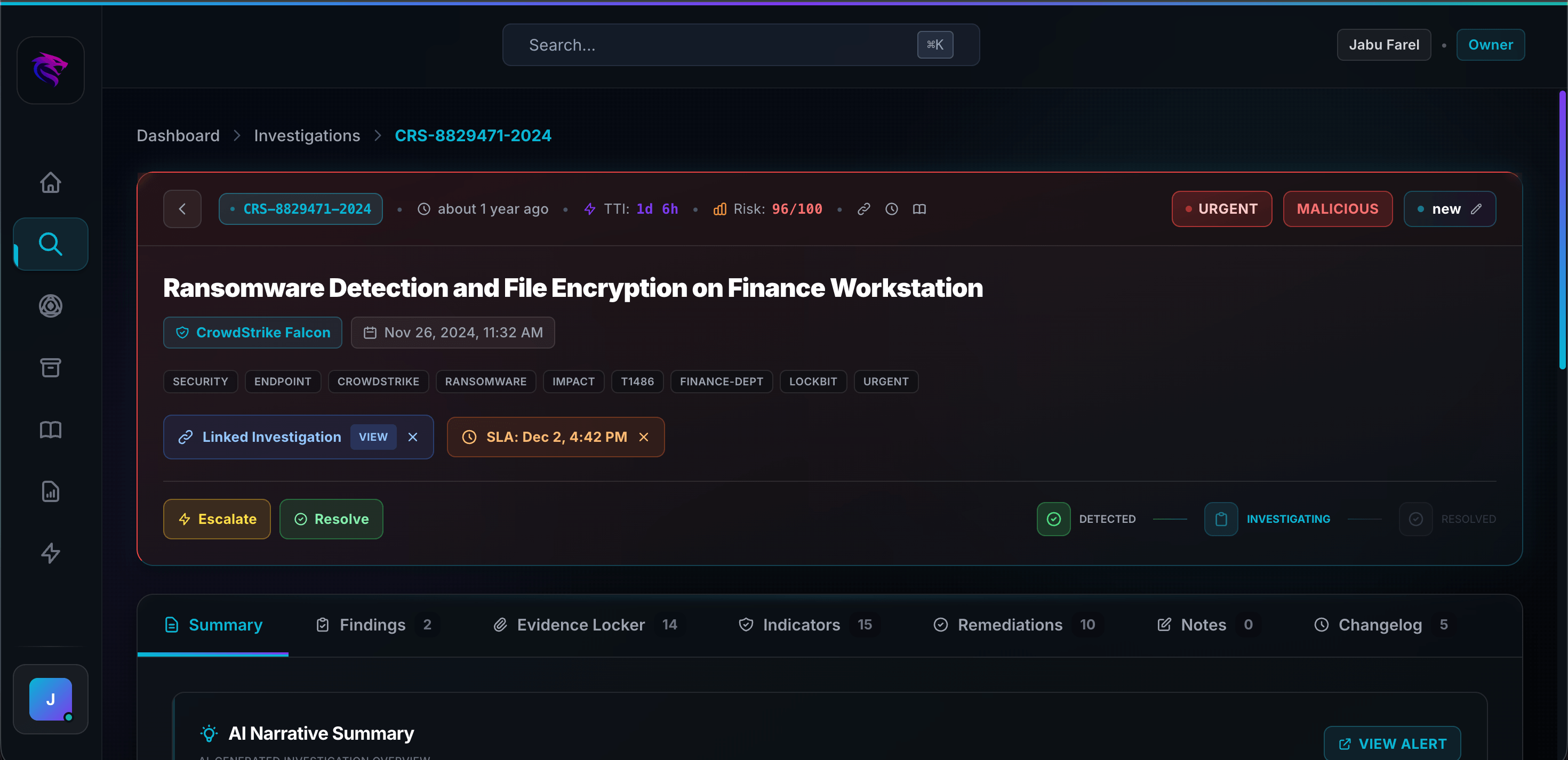 VIPER detecting ransomware attack on finance workstation